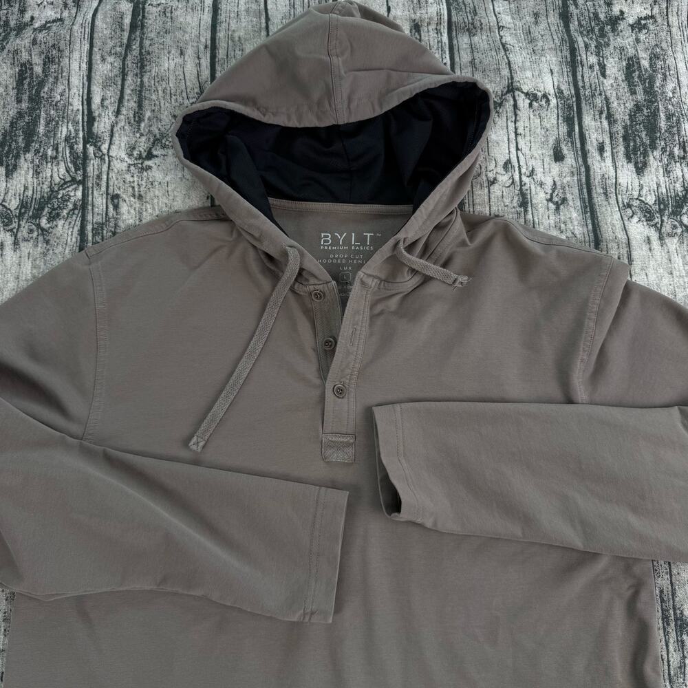 BYLT Drop Cut Henley Hoodie L Gray Adjustable Hiker Workout Gym Lift Gains Men - Picture 3 of 10